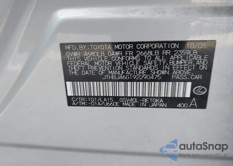 2009 Lexus Es 350 from USA, damaged, VIN JTHBJ46G192290475